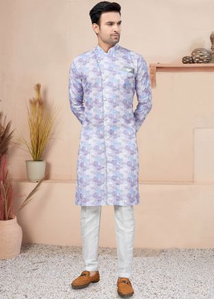 Purple Readymade Printed Cotton Indo Western Sherwani 