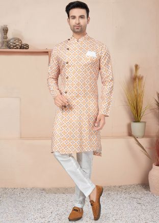 Orange Readymade Printed Indo Western Sherwani In Cotton