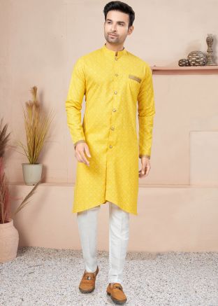 Yellow Readymade Cotton Printed Indo Western Sherwani