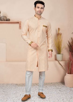 Peach Readymade Cotton Indo Western Sherwani In Print