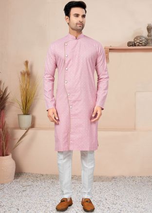 Pink Readymade Cotton Printed Sherwani In Indo Western Style