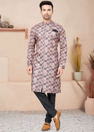 Mauve Pink Readymade Cotton Printed Indo Western Sherwani 
