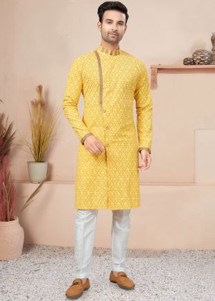 Yellow Readymade Cotton Printed Indo Western Sherwani