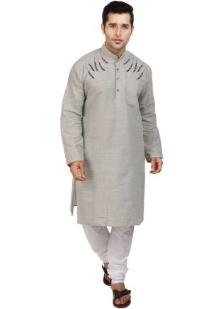 Grey Embroidered Kurta Pajama In Cotton