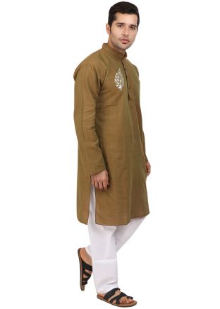 Brown Cotton Kurta Pajama In Embroidery