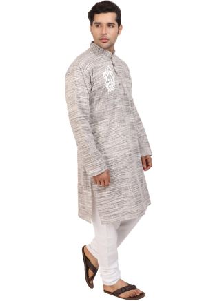 Grey Embroidered Kurta Pajama In Cotton