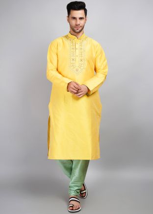 Yellow Readymade Men`s Dupion Silk Kurta Pajama