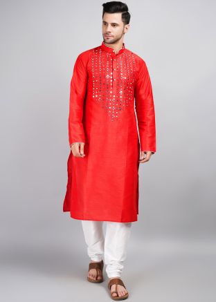 Red Readymade Mens Kurta pajama In Mirror Work