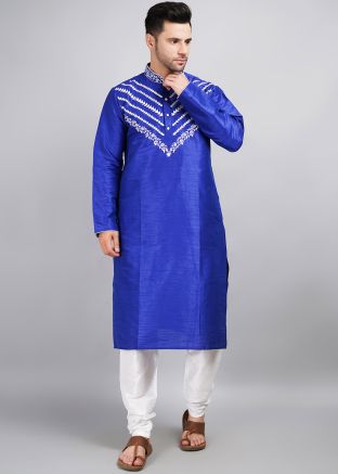 Blue Readymade Printed Men`s Kurta Pajama 