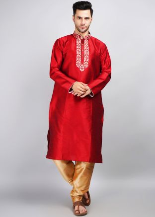 Red Readymade Men`s Kurta pajama In Dupion Silk