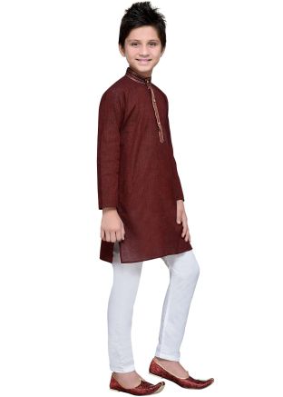 Readymade Maroon Kids Kurta Pajama in Cotton