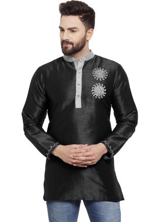 Black Embroidered Mens Kurta In Dupion Silk