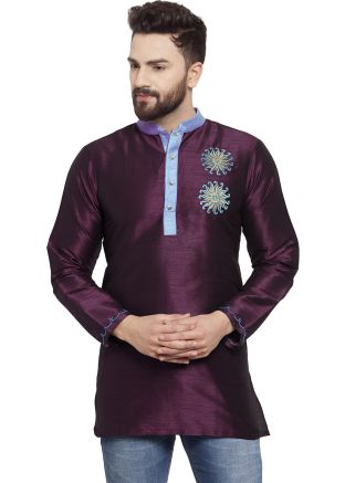 Magenta Embroidered Mens Kurta In Dupion Silk
