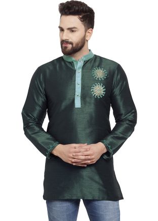 Green Embroidered Mens Kurta In Dupion Silk