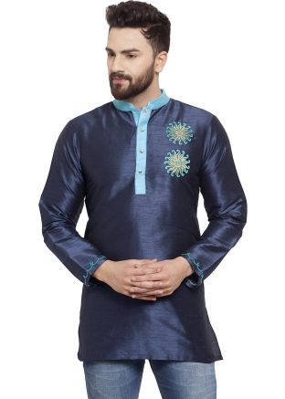 Blue Dupion Silk Kurta In Embroidery
