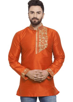 Orange Woven Kurta In Dupion Silk