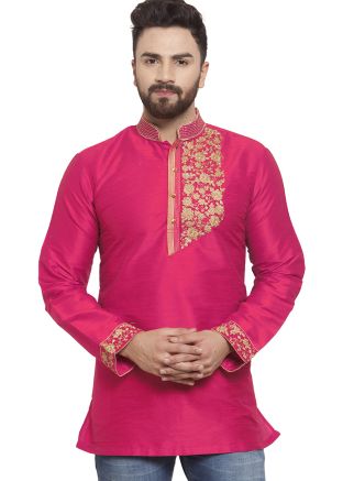 Pink Dupion Silk Kurta In Embroidery