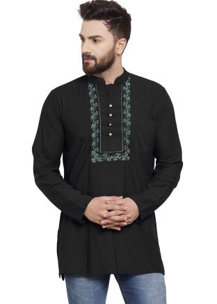 Black Embroidered Kurta In Cotton