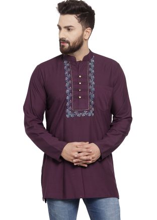 Purple Embroidered Mens Kurta In Cotton