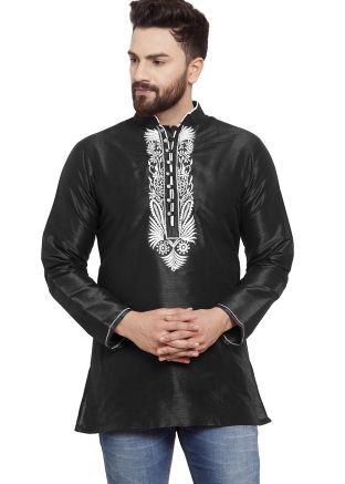 Black Embroidered Kurta In Dupion Silk