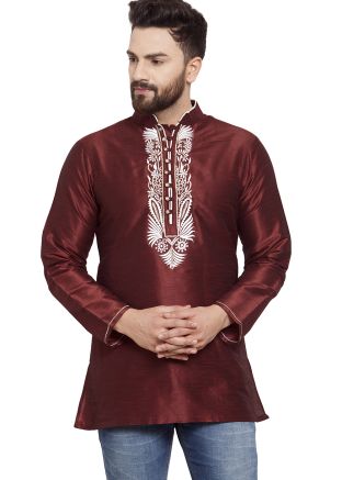 Maroon Embroidered Kurta In Dupion Silk