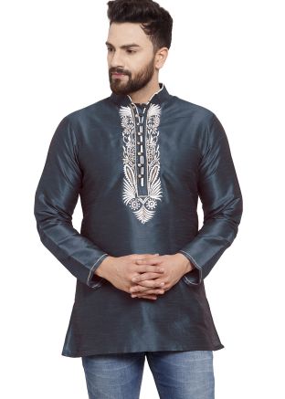 Blue Embroidered Kurta In Dupion Silk