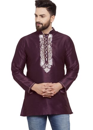 Purple Dupion Silk Kurta In Embroidery