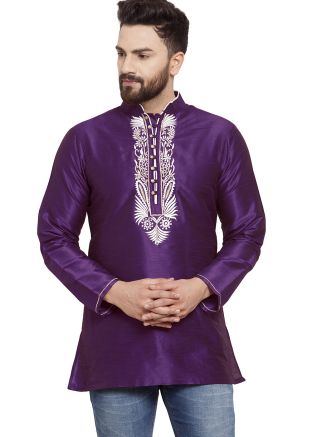 Purple Embroidered Mens Kurta