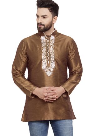 Brown Dupion Silk Kurta In Embroidery