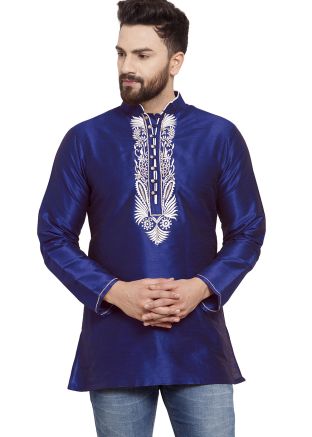 Blue Embroidered Kurta In Dupion Silk
