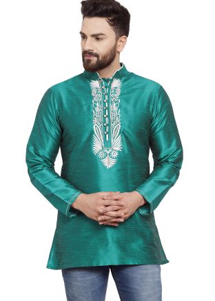 Green Embroidered Mens Kurta In Dupion Silk