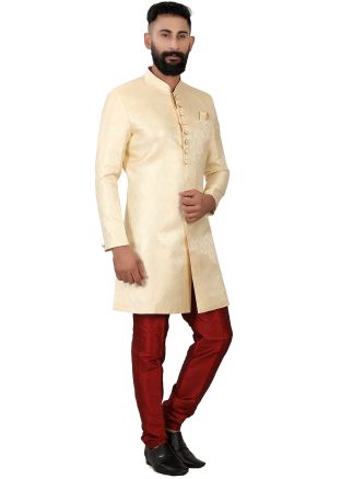 Beige Woven Indo Western Sherwani Set