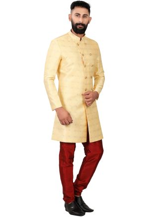 Mens Beige Woven Indo Western Sherwani