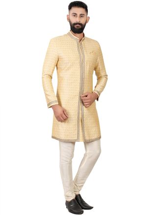 Cream Woven Mens Indo Western Sherwani