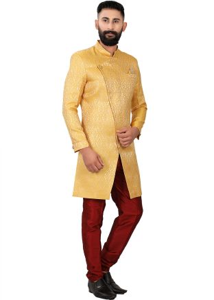 Beige Indo Western Sherwani In Woven Work