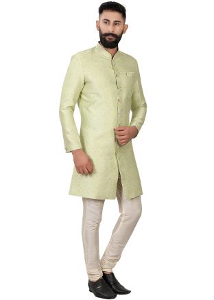 Green Readymade Woven Indo Western Sherwani