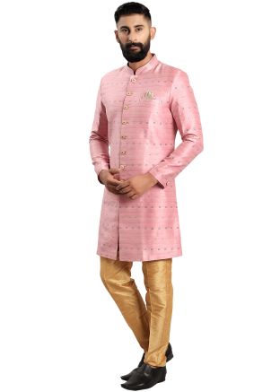 Pink Mens Woven Indo Western Sherwani Set