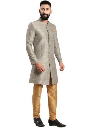 Grey Indo Western Sherwani In Woven Work