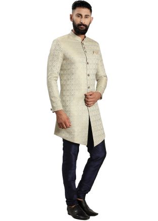 Cream Readymade Woven Indo Western Sherwani