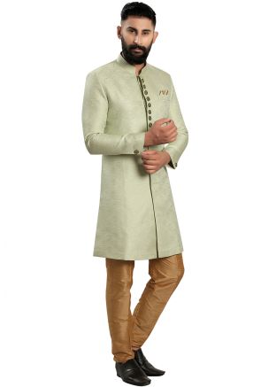 Green Woven Work Mens Indo Western Sherwani