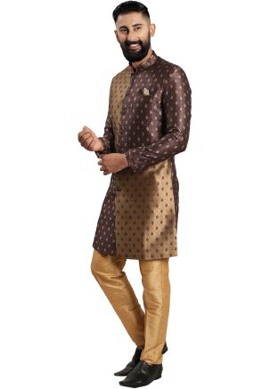 Brown Jacquard Woven Indo Western Sherwani