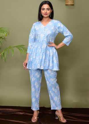 Blue Digital Printed Readymade Cotton Co-Ord Set
