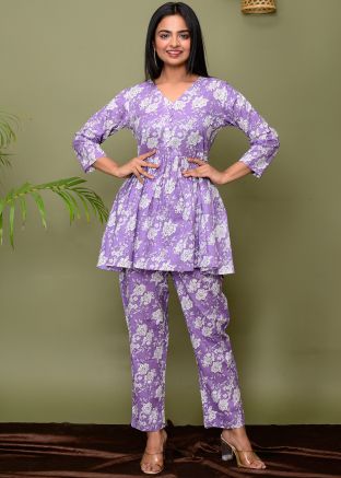 Digital Printed Readymade Cotton Co-Ord Set In Lavender