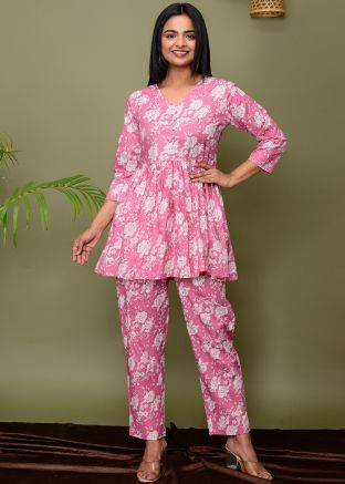 Pink Readymade Cotton Co-Ord Set In Digital Print