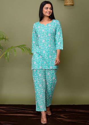 Turquoise Digital Printed Readymade Co-Ord Set In Cotton