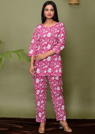 Pink Readymade Digital Print Co-Ord Set In Cotton