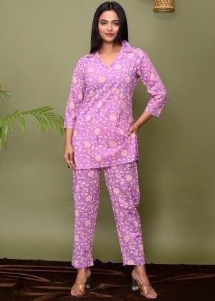 Lavender Digital Printed Readymade Cotton Co-Ord Set