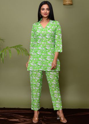 Green Printed Readymade Cotton Co-Ord Set