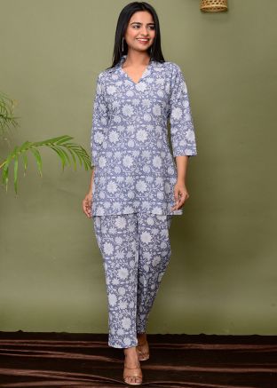 Purple Readymade Cotton Co-Ord Set In Digital Print
