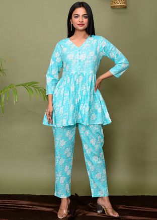 Turquoise Digital Printed Readymade Co-Ord Set 